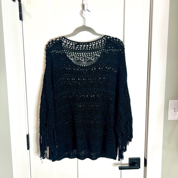 Lauren Ralph Lauren Black Crochet Open Knit Boho Tassel Dolman Sleeves Size L/XL - Picture 5 of 5